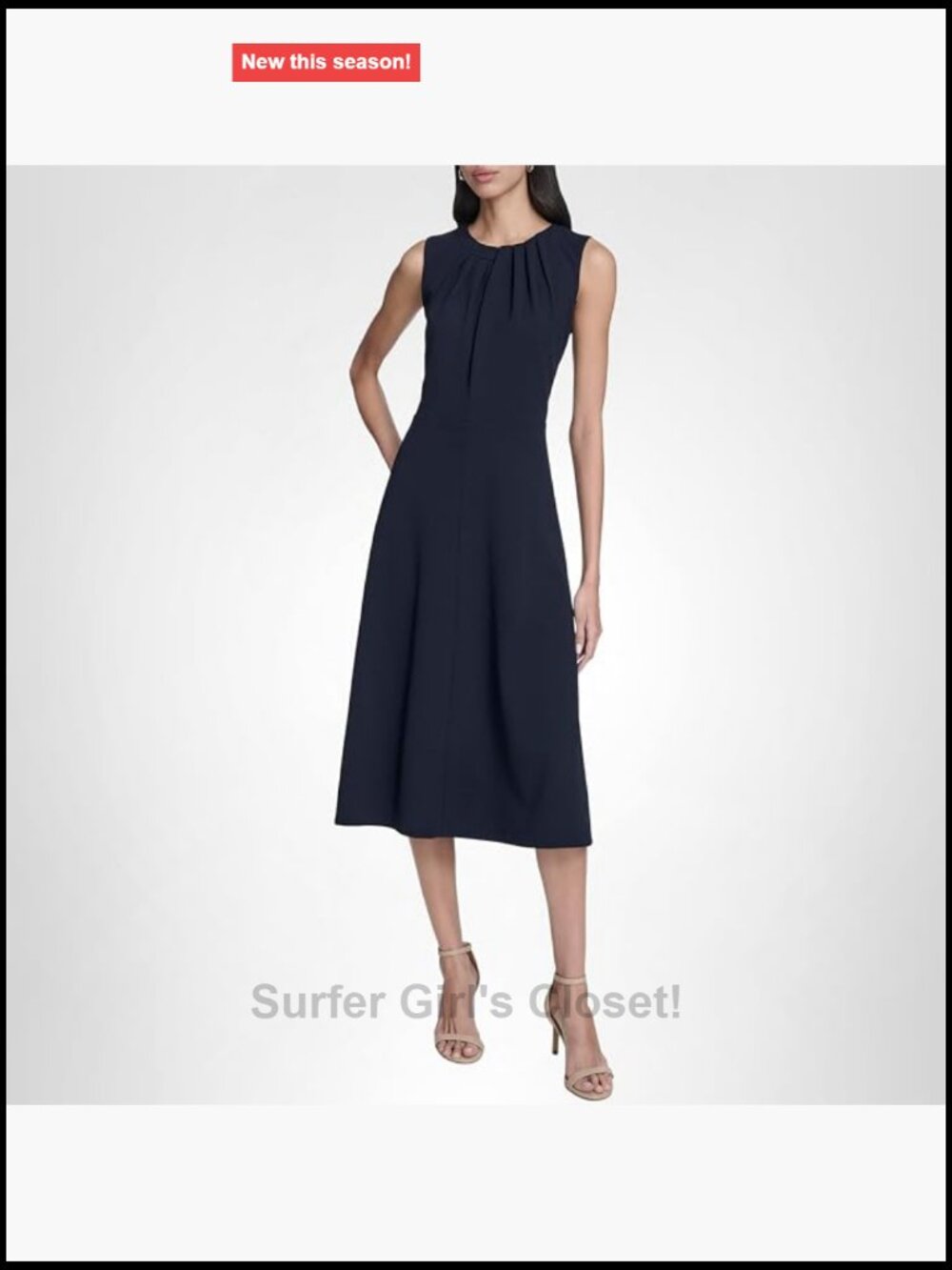 Calvin Klein Sleeveless Pleat Neck Crepe A-line Midi Dress